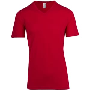 A red unisex raw cotton V-neck T-shirt with short sleeves and a label inside.