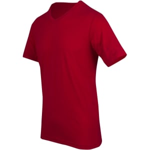 A red unisex raw cotton wave V-neck T-shirt with short sleeves and a subtle logo.