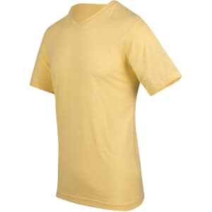 A yellow unisex raw cotton V-neck T-shirt featuring short sleeves and a subtle logo.