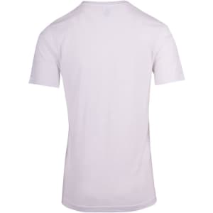 A unisex raw cotton wave V-neck T-shirt in white, showcasing a simple back design with a logo.