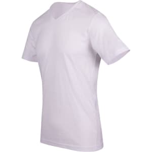 A white raw cotton wave V-neck T-shirt displayed to the side, featuring short sleeves and a simple design.