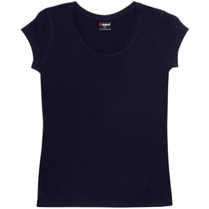 A navy women's jersey scoop neck T-shirt with short sleeves and a fitted design. Features a branding logo.