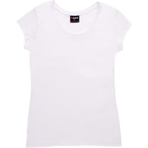 A women's white jersey scoop neck T-shirt displayed flat, featuring short sleeves and a brand logo inside the neckline.