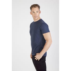 A fitted unisex marl crew neck t-shirt in navy, displayed on a model against a plain background.