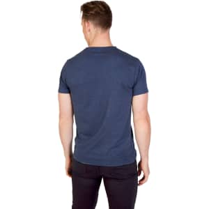 A navy blue men's crew neck T-shirt with a standard fit, featuring a logo on the back.