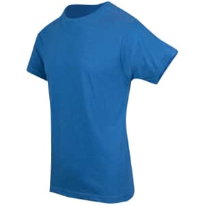 A blue marl crew neck T-shirt featuring short sleeves and a plain design. It also has a logo on the front.