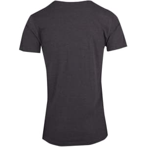 A dark grey marl crew neck T-shirt with short sleeves, featuring a logo on the back.
