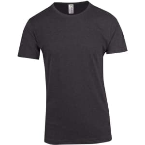 A Marl crew neck T-shirt in a dark grey colour, featuring short sleeves and a label inside the collar.