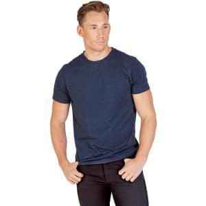 A men's unisex marl crew neck T-shirt in a navy blue colour, featuring a logo.