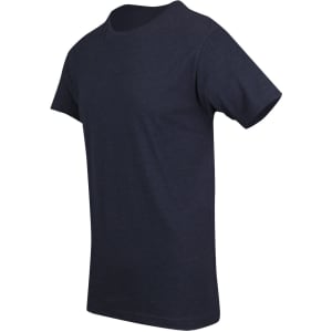A navy blue marl crew neck T-shirt with short sleeves. It features a logo on the front.