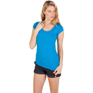 A blue women's scoop neck t-shirt displayed on a model, paired with black shorts. The t-shirt has a logo.