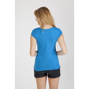 A women's scoop neck T-shirt in blue, featuring a fitted design and short sleeves, worn with black shorts.