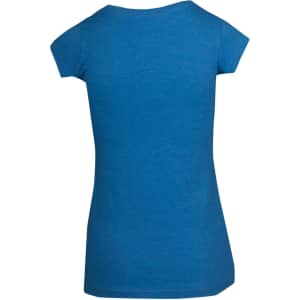 A women's scoop neck T-shirt in blue, featuring short sleeves and a simple, smooth back design.