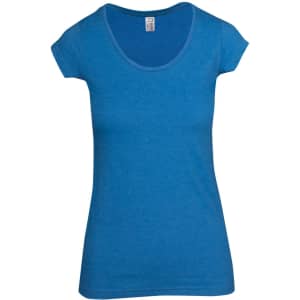 A blue women's marl scoop neck t-shirt with short sleeves and a fitted design. It has a logo on the label.