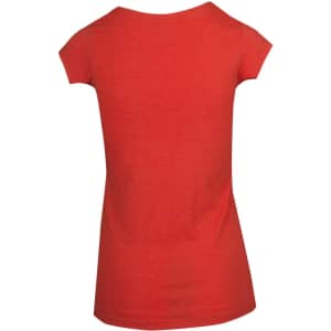 A red women's scoop neck T-shirt featuring cap sleeves and a curved hem, with a logo on the back.