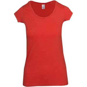 A red women's marl scoop neck T-shirt with short sleeves and a soft, casual fit. It features a logo.