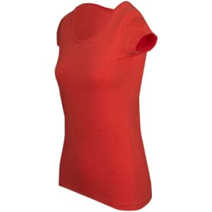 A red women's marl scoop neck t-shirt with short sleeves, featuring a fitted design and a visible logo.