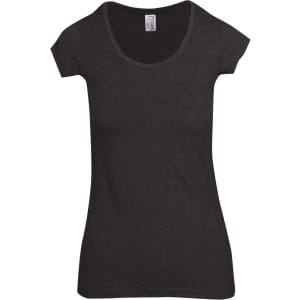 A dark grey women's scoop neck T-shirt with short sleeves and a small label inside.