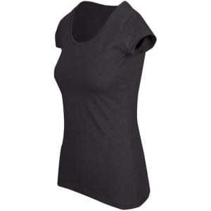 A dark grey women's scoop neck T-shirt with short sleeves and a fitted shape, featuring a logo.