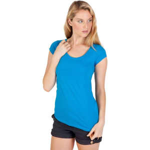 A women's scoop neck T-shirt in bright blue, featuring short sleeves and a fitted design. The model is wearing black shorts.