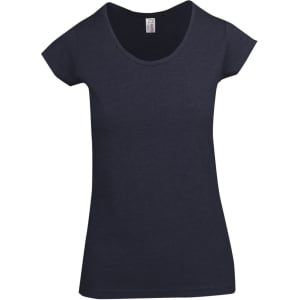 A women's dark navy marl scoop neck T-shirt featuring short sleeves and a fitted design, with a logo.