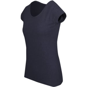 A navy blue women's marl scoop neck T-shirt with short sleeves and a fitted silhouette. It features a logo on the side.