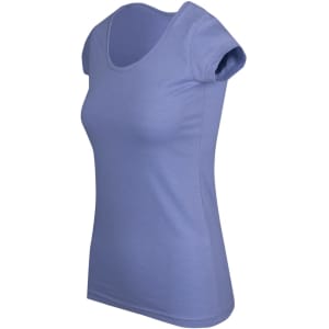 A women's scoop neck t-shirt in light blue, featuring short sleeves and a fitted design. It has a small logo.