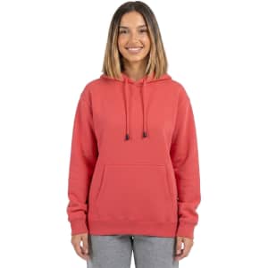 A blue women's kangaroo pocket hoodie displayed on a model, featuring a drawstring hood and a front pocket.
