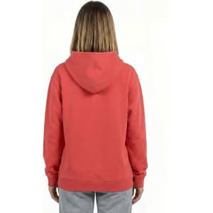 A vibrant blue women's kangaroo pocket hoodie with a relaxed fit and drawstring hood, paired with black jeans.