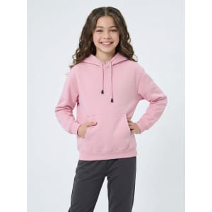 A bright blue women's hoodie with a kangaroo pocket, featuring a hood and seen from the back.