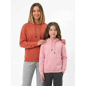 A blue women's hoodie featuring a kangaroo pocket, alongside a grey men's hoodie, both with hoods.