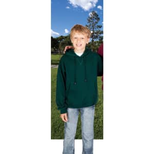 A green hoodie with a kangaroo pocket, featuring a hood and drawstrings, worn by a child outdoors.