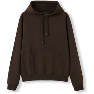 A brown women's hoodie with a kangaroo pocket and a hood. It has a simple design and fitted style.