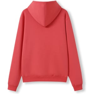 A pink hoodie with a kangaroo pocket and a hood, shown from the back. It features a simple design.