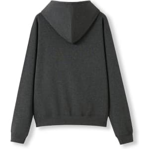 A grey women's juniors kangaroo pocket hoodie featuring a hood and long sleeves, shown from the back.