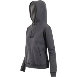 A women's junior hoodie in dark grey featuring a kangaroo pocket and a hood. The hoodie has a fitted silhouette.