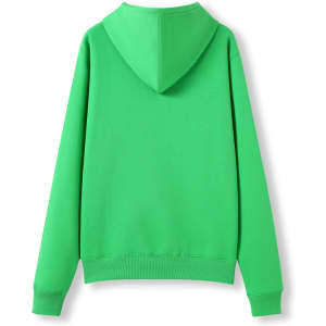A green women's juniors hoodie with a kangaroo pocket, featuring a hood and long sleeves.
