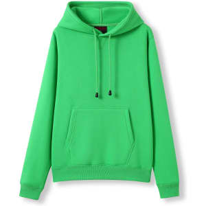 A green women's juniors kangaroo pocket hoodie featuring a drawstring hood and a front pocket.