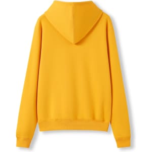 A yellow women's juniors kangaroo pocket hoodie, featuring a spacious hood and a fitted design from the back view.