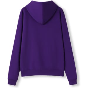 A purple women's juniors hoodie with a kangaroo pocket and a hood, featuring a logo on the back.