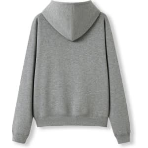 A grey kangaroo pocket hoodie featuring a hood and long sleeves, shown from the back.