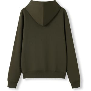 A women's junior kangaroo pocket hoodie in olive green, featuring a hood and long sleeves, with a logo present.