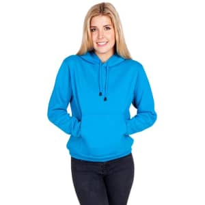 A blue women's/juniors hoodie with a kangaroo pocket, featuring a drawstring hood and a logo.