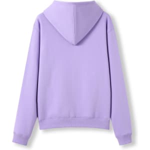A lilac hoodie with a kangaroo pocket and a hood, featuring a smooth finish. It has a logo on the back.