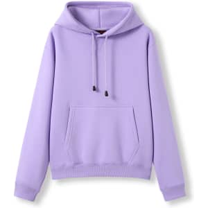 A purple women’s hoodie featuring a kangaroo pocket and a drawstring hood. The hoodie includes a branding logo.