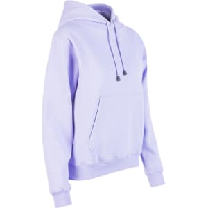 A lavender hoodie with a kangaroo pocket, featuring a drawstring hood and ribbed cuffs. It has a branding logo.