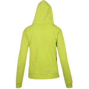 A bright green women's hoodie featuring a kangaroo pocket and a hood. The back of the hoodie is visible.