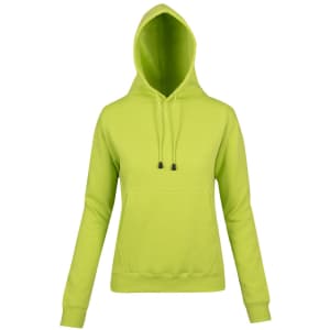 A bright lime green women's juniors kangaroo pocket hoodie with a hood and drawstrings.