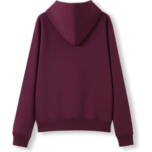 A back view of a maroon women's juniors kangaroo pocket hoodie with a fitted design and a hood.