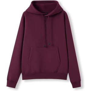 A burgundy women's juniors hoodie featuring a kangaroo pocket and a drawstring hood. It has a logo on the front.